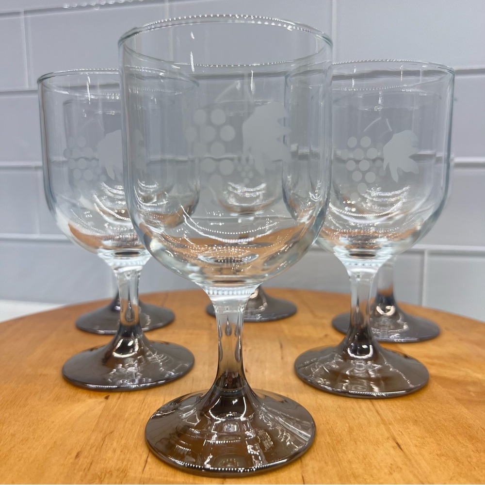 Vintage MCM Etched Grape and Leaf Reverse Silver Faded Stem Cordial Glasses